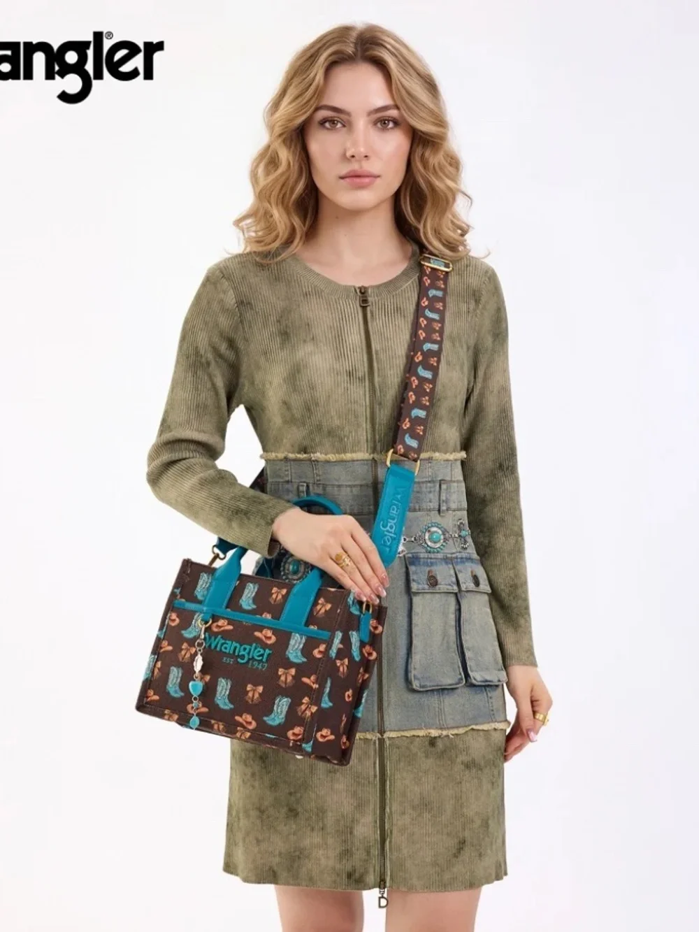 Wrangler Western Cowboy Print Tote Bag Coffee - Picture 6 of 8